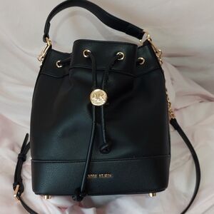 Anne Klein Black Faux Leather Bucket/ Crossbody Bag  W/Gold Accents~ Pre-Loved